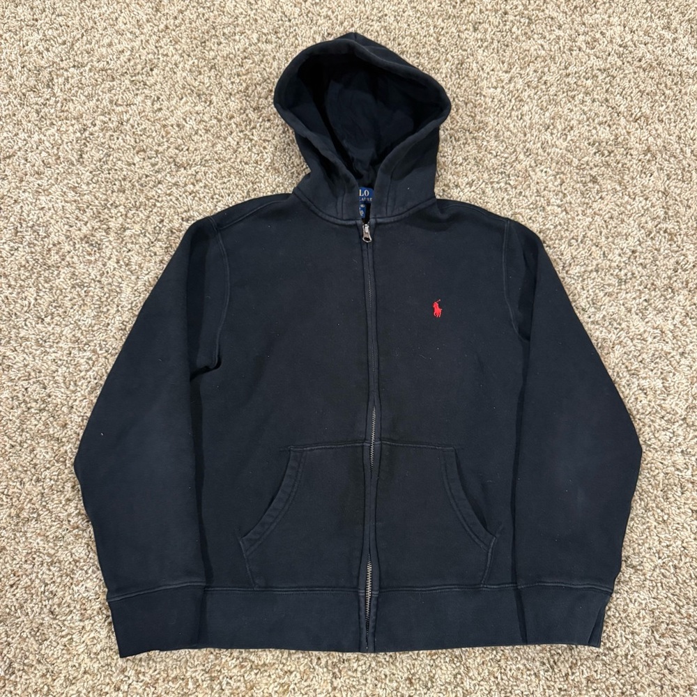 Kids Polo Ralph Lauren Full Zip Up Preppy Hoodie Black Red Pony Logo Sz.L 14-16